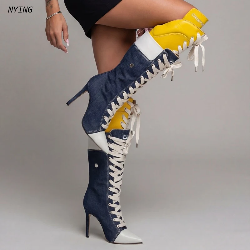 2026 Yellow Navy Blue Color-Block Knee High Boots Women Trendy Lace-Up Pointed Toe Denim Stiletto Boots Lady Edgy Street Boots
2026 Yellow Navy Blue Color-Block Knee High Boots Women Trendy Lace-Up Pointed Toe Denim Stiletto Boots Lady Edgy Street Boots