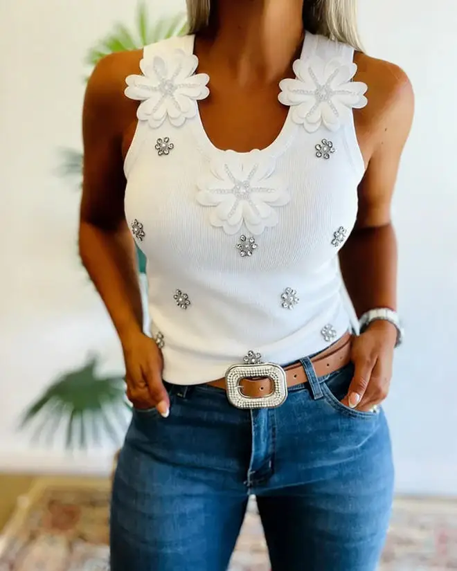 Women's Vest 2026 Spring Summer New Fashion 3D Flower Decal Needle Rhinestone Bead Sleeveless U-Neck Ribbed Slim Fit Vest Top
Women's Vest 2026 Spring Summer New Fashion 3D Flower Decal Needle Rhinestone Bead Sleeveless U-Neck Ribbed Slim Fit Vest Top
