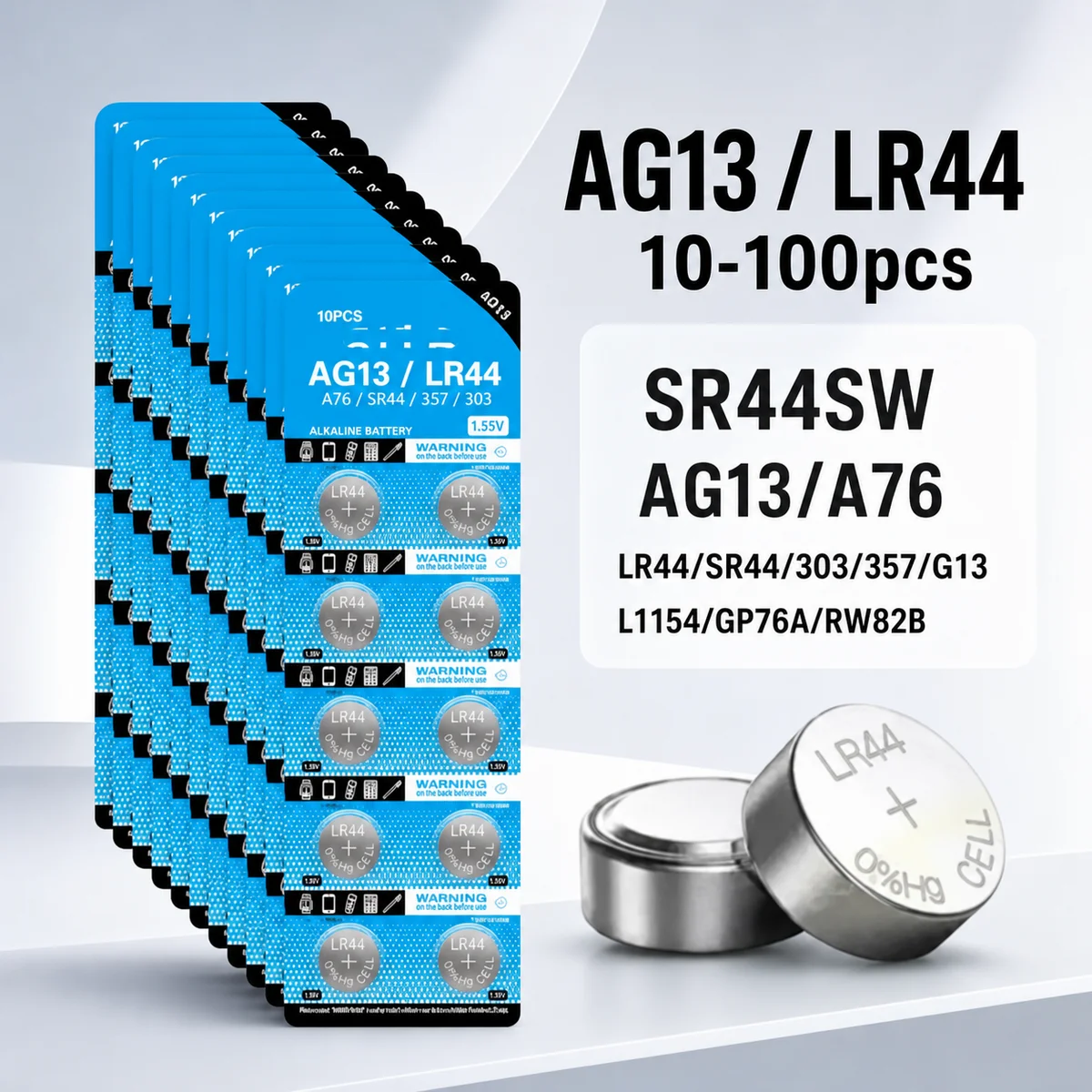 Alkaline Button Cell Battery LR44 AG13 1.5V 30mAh, L1154 357 SR44 RW82 Replacement for Watch, 2-50PCS Pack
Alkaline Button Cell Battery LR44 AG13 1.5V 30mAh, L1154 357 SR44 RW82 Replacement for Watch, 2-50PCS Pack