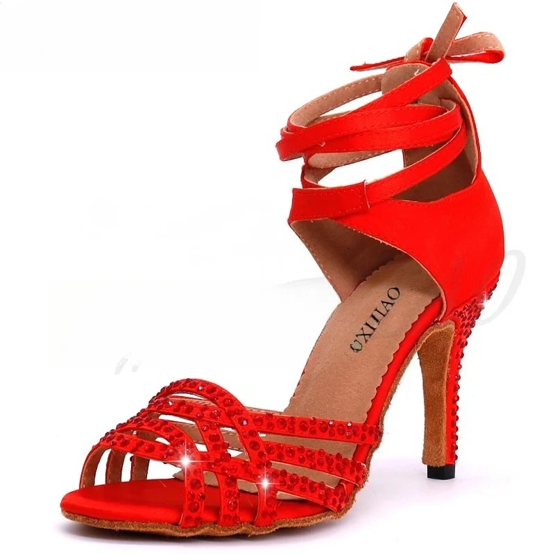 Ladies Latin dance shoes with Red satin rhinestone style high heels salsa dancing shoes heel 10cm
Ladies Latin dance shoes with Red satin rhinestone style high heels salsa dancing shoes heel 10cm