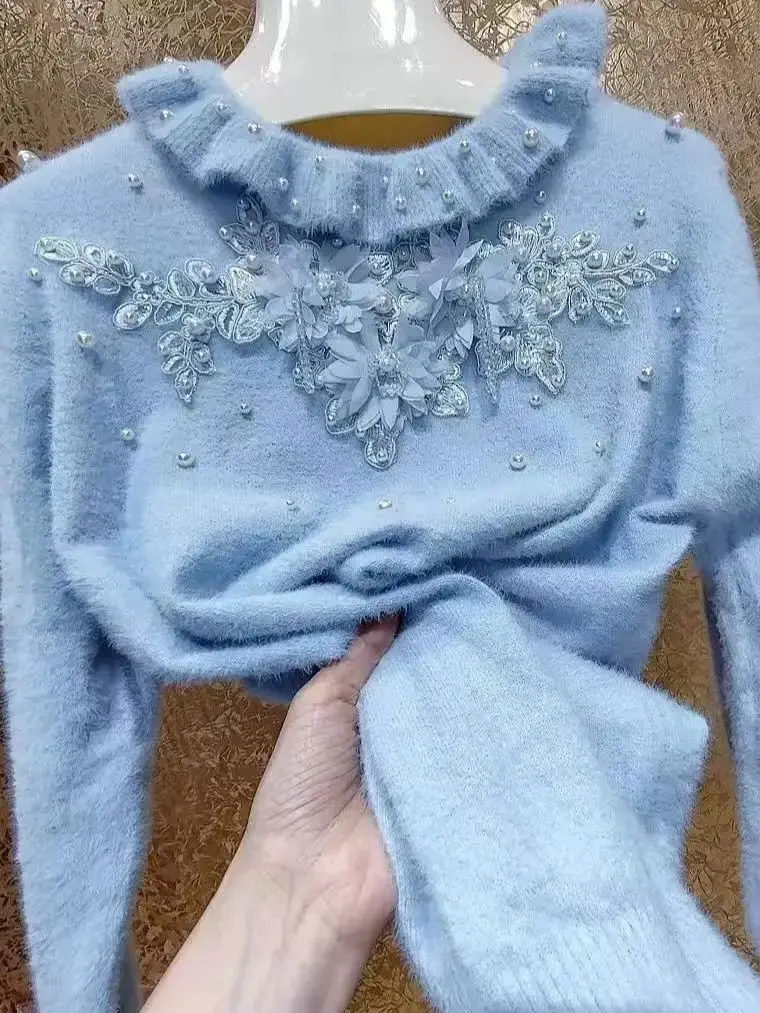 Luxury Style Pearls Beaded Stitch Ruffles Collar Sweater for Women's Long Sleeve Sweet Chic Knitted Pullover Knitwear Top
Luxury Style Pearls Beaded Stitch Ruffles Collar Sweater for Women's Long Sleeve Sweet Chic Knitted Pullover Knitwear Top