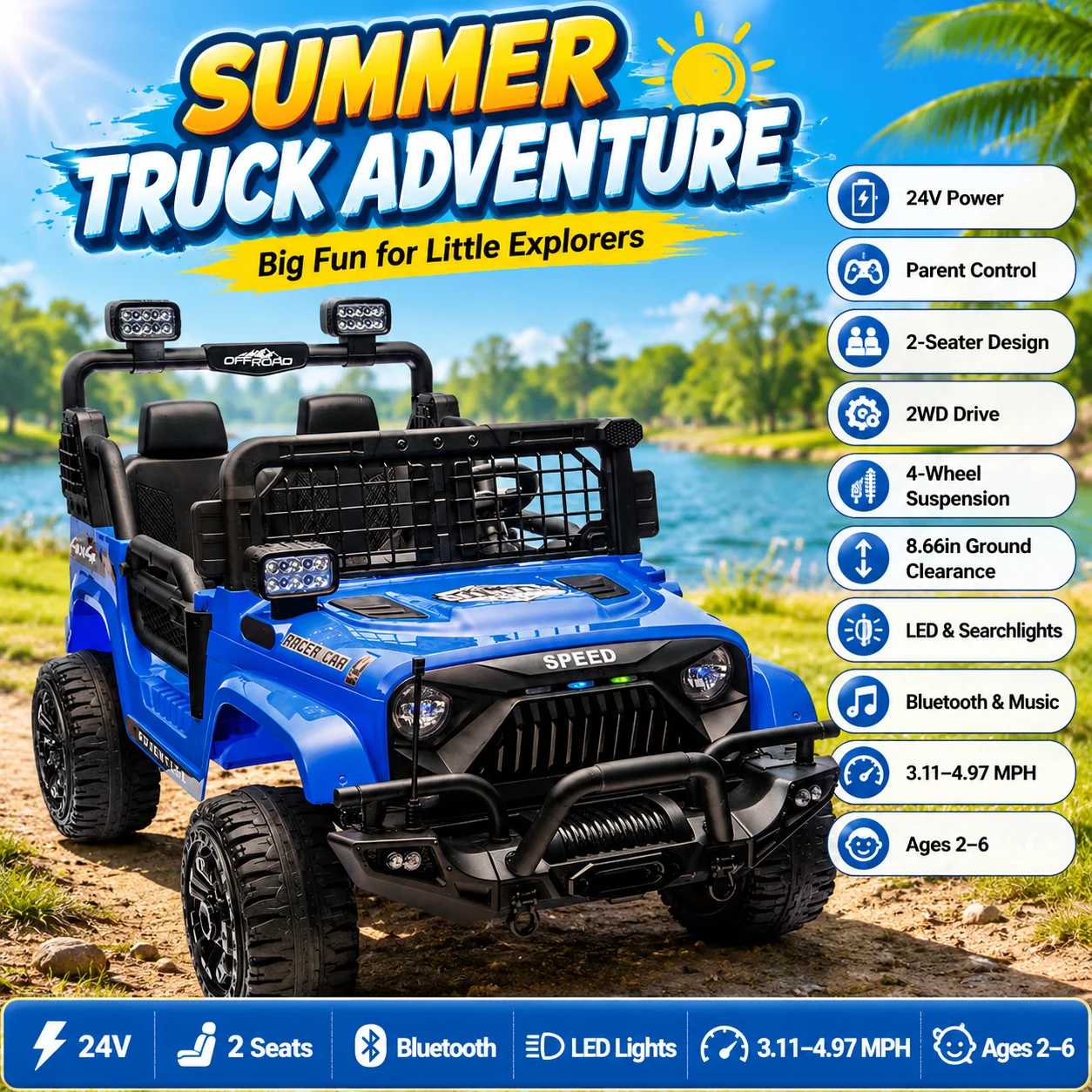 24V 2-Seater Kids Ride On Electric Truck Parent Control 4-Wheel Suspension LED Searchlights Bluetooth Power Car for 2-6Y
24V 2-Seater Kids Ride On Electric Truck Parent Control 4-Wheel Suspension LED Searchlights Bluetooth Power Car for 2-6Y