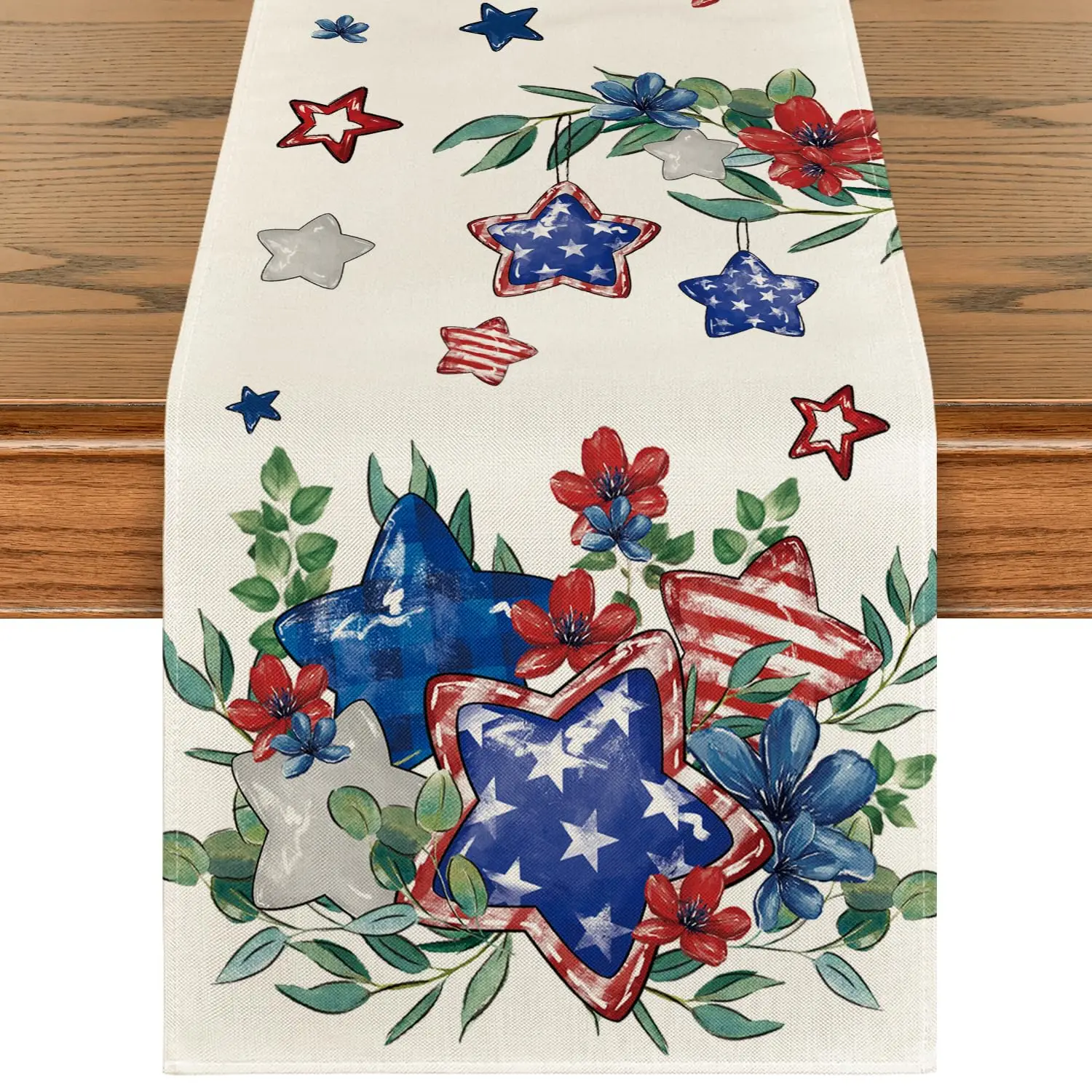 Eucalyptus Flowers Stars Patriotic 4th of July Table Runner, Memorial Day Kitchen Dining Table Decoration for Home Party Decor
Eucalyptus Flowers Stars Patriotic 4th of July Table Runner, Memorial Day Kitchen Dining Table Decoration for Home Party Decor