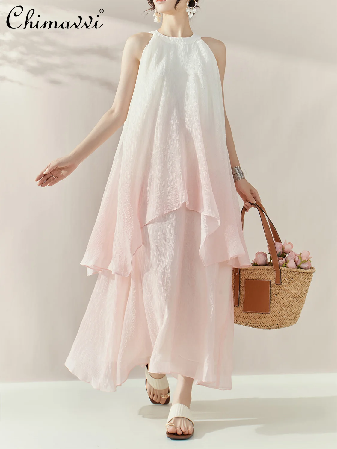 French Elegant Casual Vacation Summer Dress Round Neck Sleeveless High Waist Loose A-line Gradient Pink Simple Long Dress Women
French Elegant Casual Vacation Summer Dress Round Neck Sleeveless High Waist Loose A-line Gradient Pink Simple Long Dress Women