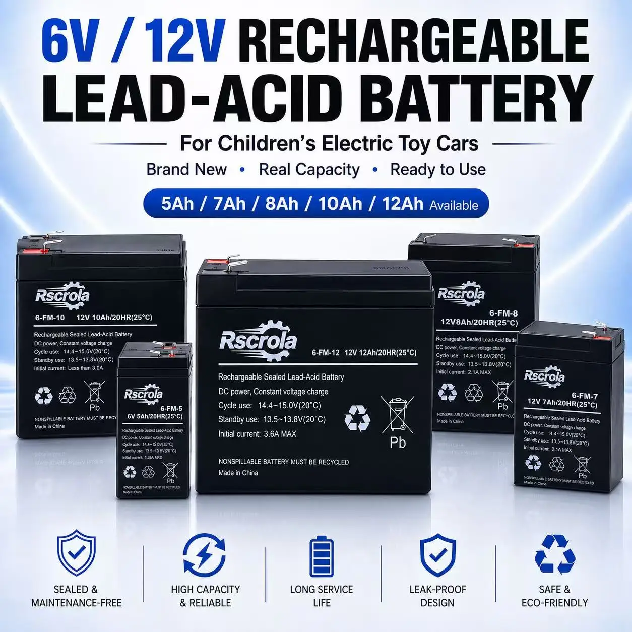 New 6V 12V Rechargeable Battery 5Ah 7Ah 8Ah 12Ah Sealed Lead Acid Replacement for Kids Ride On Car Motorcycle Stroller
New 6V 12V Rechargeable Battery 5Ah 7Ah 8Ah 12Ah Sealed Lead Acid Replacement for Kids Ride On Car Motorcycle Stroller