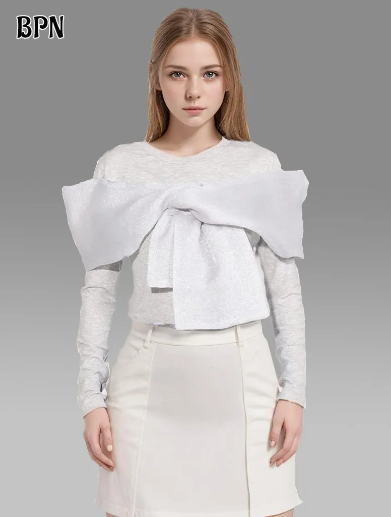 BPN Casual Patchwork Bowknot Shirts For Women Round Neck Long Sleeve Temperament Autumn T Shirt Female Fashion Clothing New 2023
BPN Casual Patchwork Bowknot Shirts For Women Round Neck Long Sleeve Temperament Autumn T Shirt Female Fashion Clothing New 2023