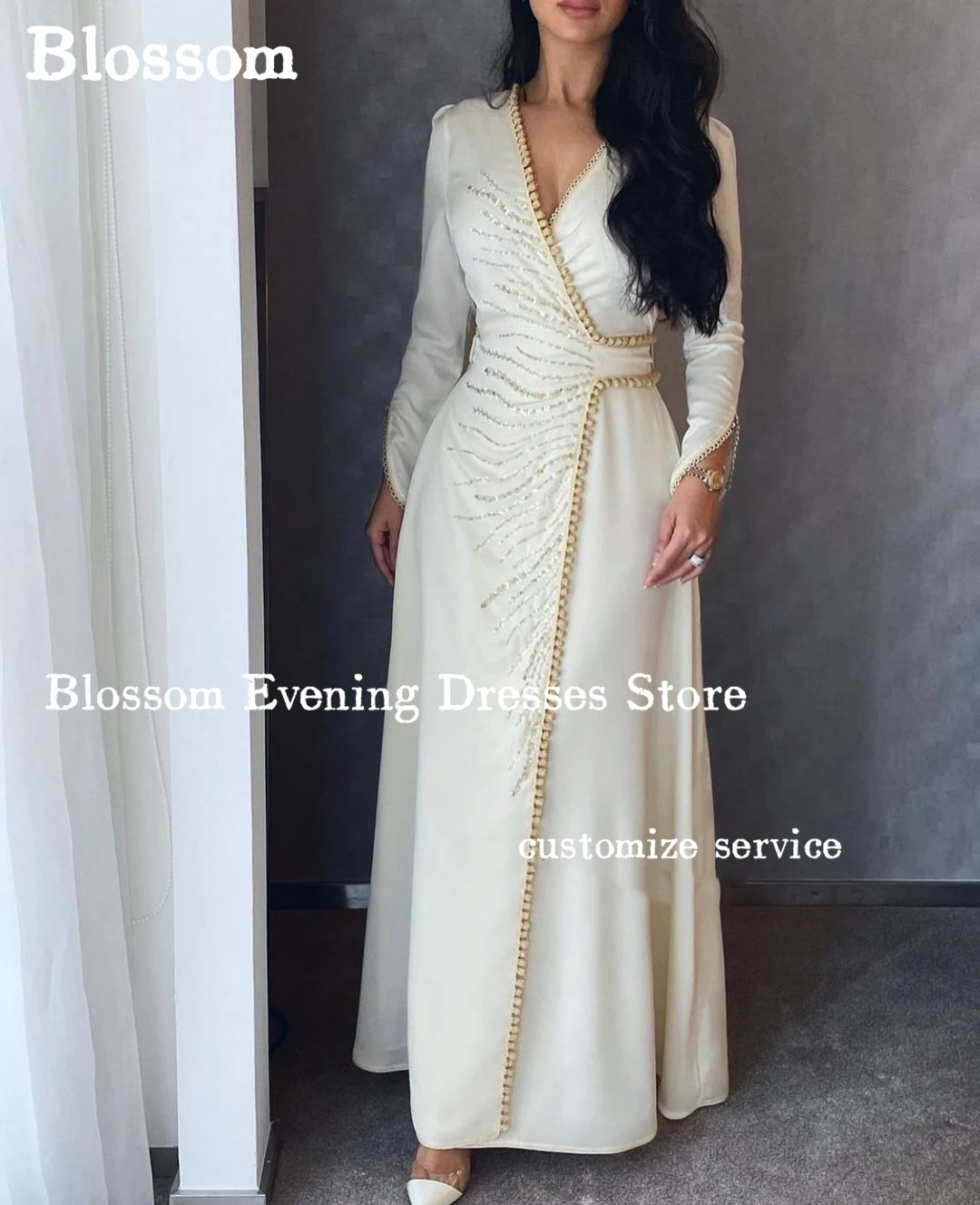 V-neck Long Sleeves Sequins Beads Prom Dresses Sash Elegant Women Evening Dresses Wedding Party Gown robes de soirée
V-neck Long Sleeves Sequins Beads Prom Dresses Sash Elegant Women Evening Dresses Wedding Party Gown robes de soirée