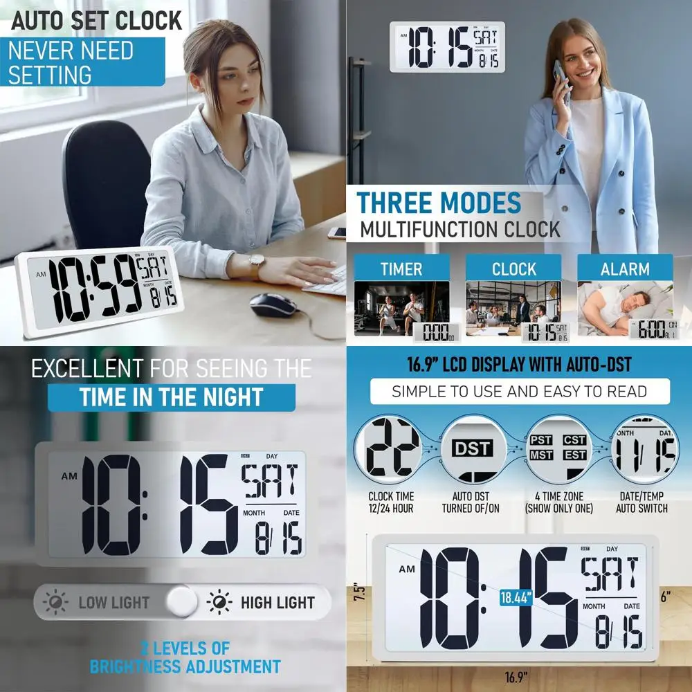Large 18.44 Battery-Powered Wall Clock with Backlight, Alarm, Day/Date/Temp Display, Ideal for Home, Classroom, Office
Large 18.44 Battery-Powered Wall Clock with Backlight, Alarm, Day/Date/Temp Display, Ideal for Home, Classroom, Office