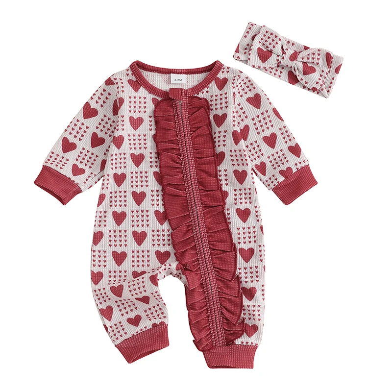 Baby Girl Valentine's Day Jumpsuit Heart Print Ruffled Zip-up Waffle Round Neck Long Sleeve Spring Romper Headband
Baby Girl Valentine's Day Jumpsuit Heart Print Ruffled Zip-up Waffle Round Neck Long Sleeve Spring Romper Headband