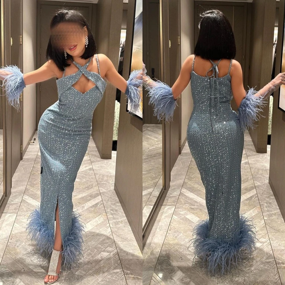 Fashion High Quality Halter Sheath Prom Dresses Anke Length Feathers Soutache/Ribbon Trim Satin 2023 luxury gown
Fashion High Quality Halter Sheath Prom Dresses Anke Length Feathers Soutache/Ribbon Trim Satin 2023 luxury gown