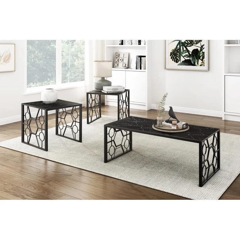 Modern 3-Piece Black Cocktail Table Set with Marble-Print Tempered Glass Tops
Modern 3-Piece Black Cocktail Table Set with Marble-Print Tempered Glass Tops