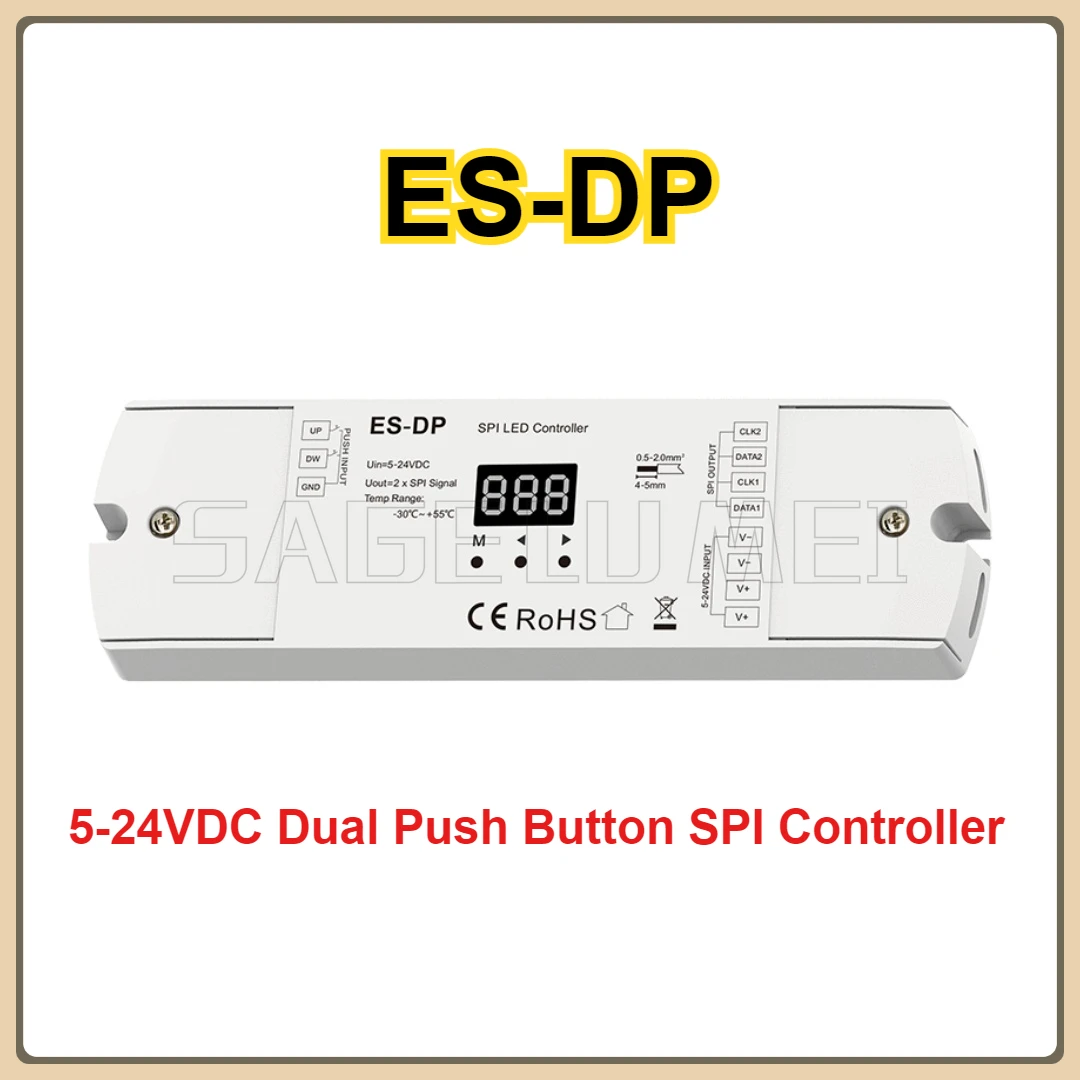 DC5-24V ES-DP Dual Push Button SPI LED Controller Stair Light TTL Controller for WS2811/2812/2801 Input RGB or White Light 15A
DC5-24V ES-DP Dual Push Button SPI LED Controller Stair Light TTL Controller for WS2811/2812/2801 Input RGB or White Light 15A