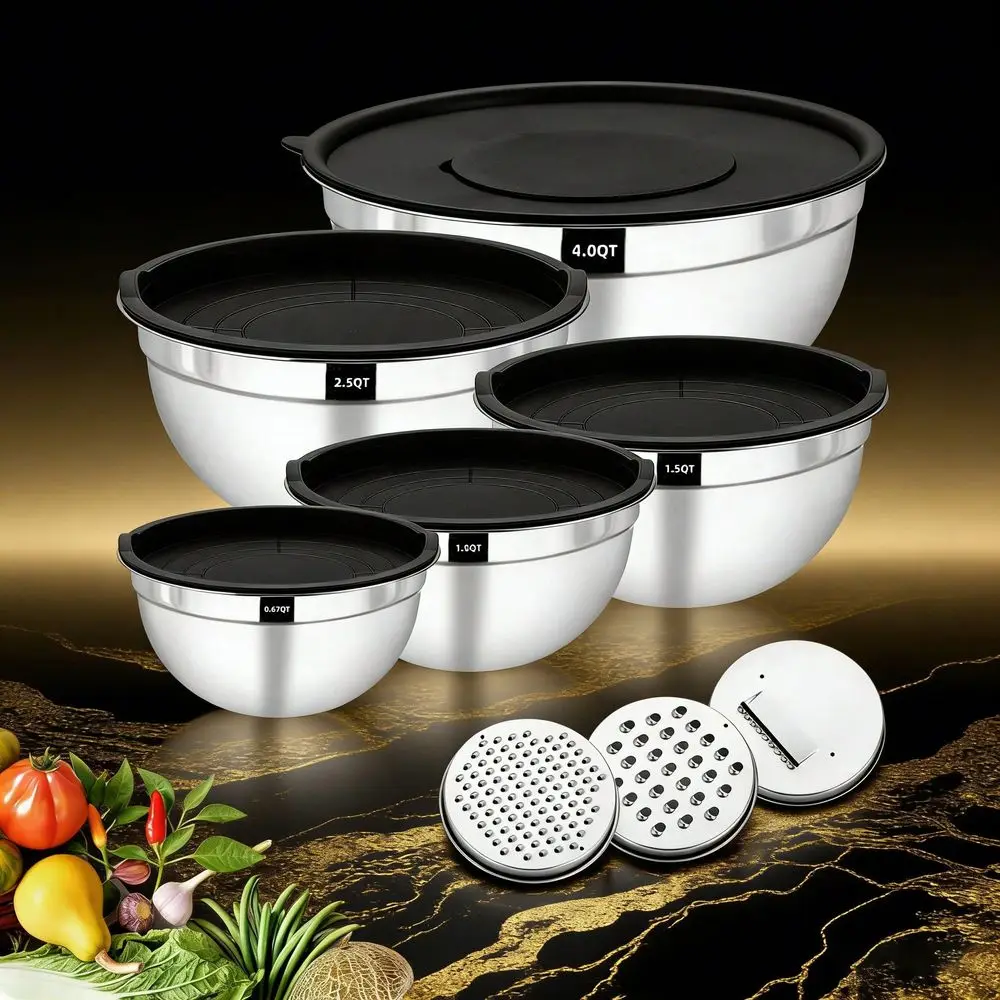 20pcs Stainless Steel Mixing Bowls Set With Airtight Lids, Oval Nesting Bowls, Rust Resistant NonSlip Silicone Bottom, Polished
20pcs Stainless Steel Mixing Bowls Set With Airtight Lids, Oval Nesting Bowls, Rust Resistant NonSlip Silicone Bottom, Polished