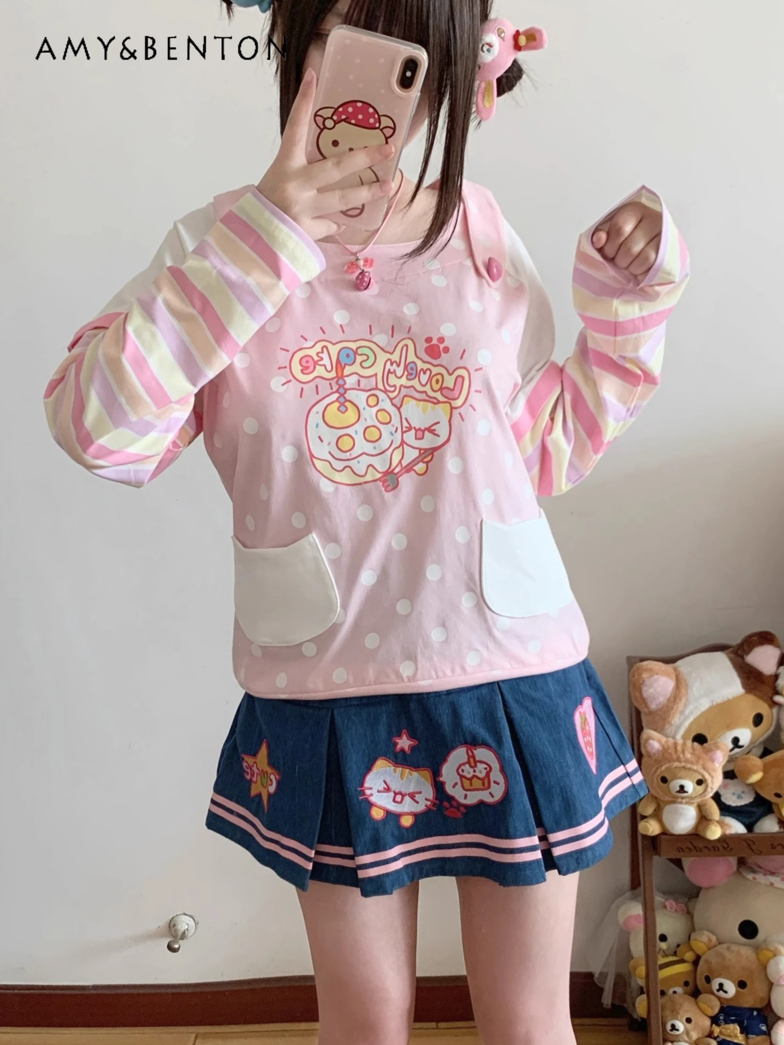 Cute Cat Printed Fake Two-piece Striped Long-sleeved Top + Denim Skirt Two Piece Set Autumn Sweetheart Girl Kawaii Skirt Sets
Cute Cat Printed Fake Two-piece Striped Long-sleeved Top + Denim Skirt Two Piece Set Autumn Sweetheart Girl Kawaii Skirt Sets