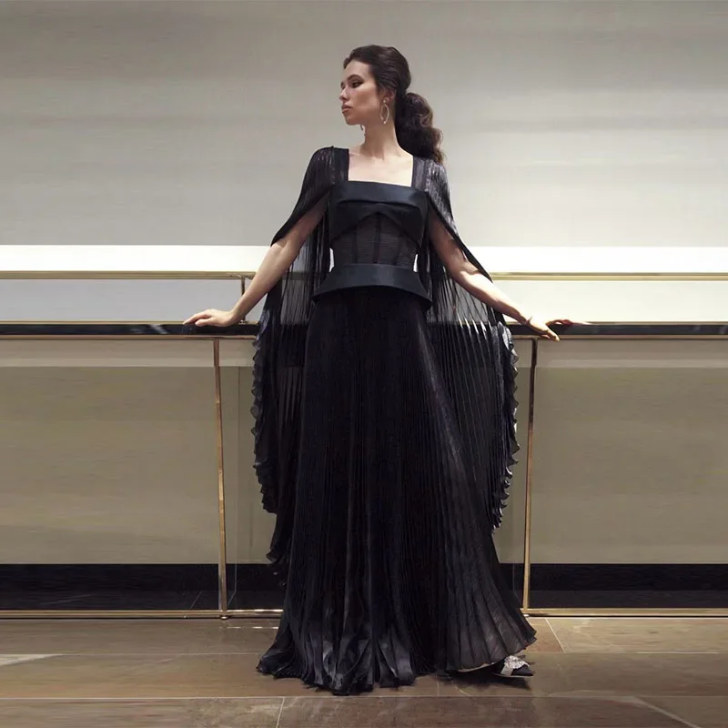 Customized Vintage A-Line Ruffles Long Evening Dresses Black Square Neck Cape Sleeve vestidos de fiesta Backless Floor-Length Pa
Customized Vintage A-Line Ruffles Long Evening Dresses Black Square Neck Cape Sleeve vestidos de fiesta Backless Floor-Length Pa
