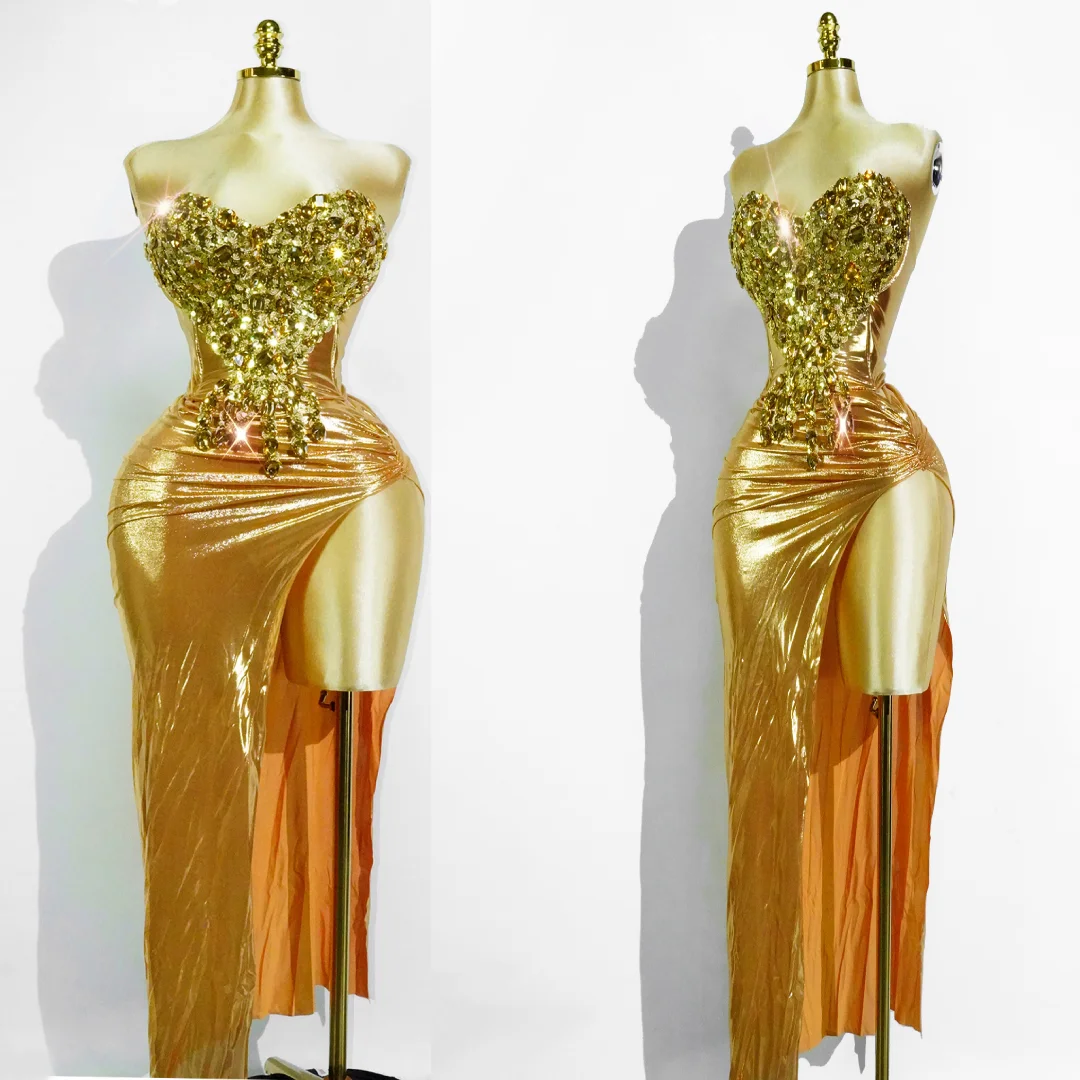 Luxury Gold Dress Sexy Top And Skirt Sets Crystal Wedding Birthday Party Club Dj Celebrate Sexy Singer Stage Drag Queen Costumes
Luxury Gold Dress Sexy Top And Skirt Sets Crystal Wedding Birthday Party Club Dj Celebrate Sexy Singer Stage Drag Queen Costumes