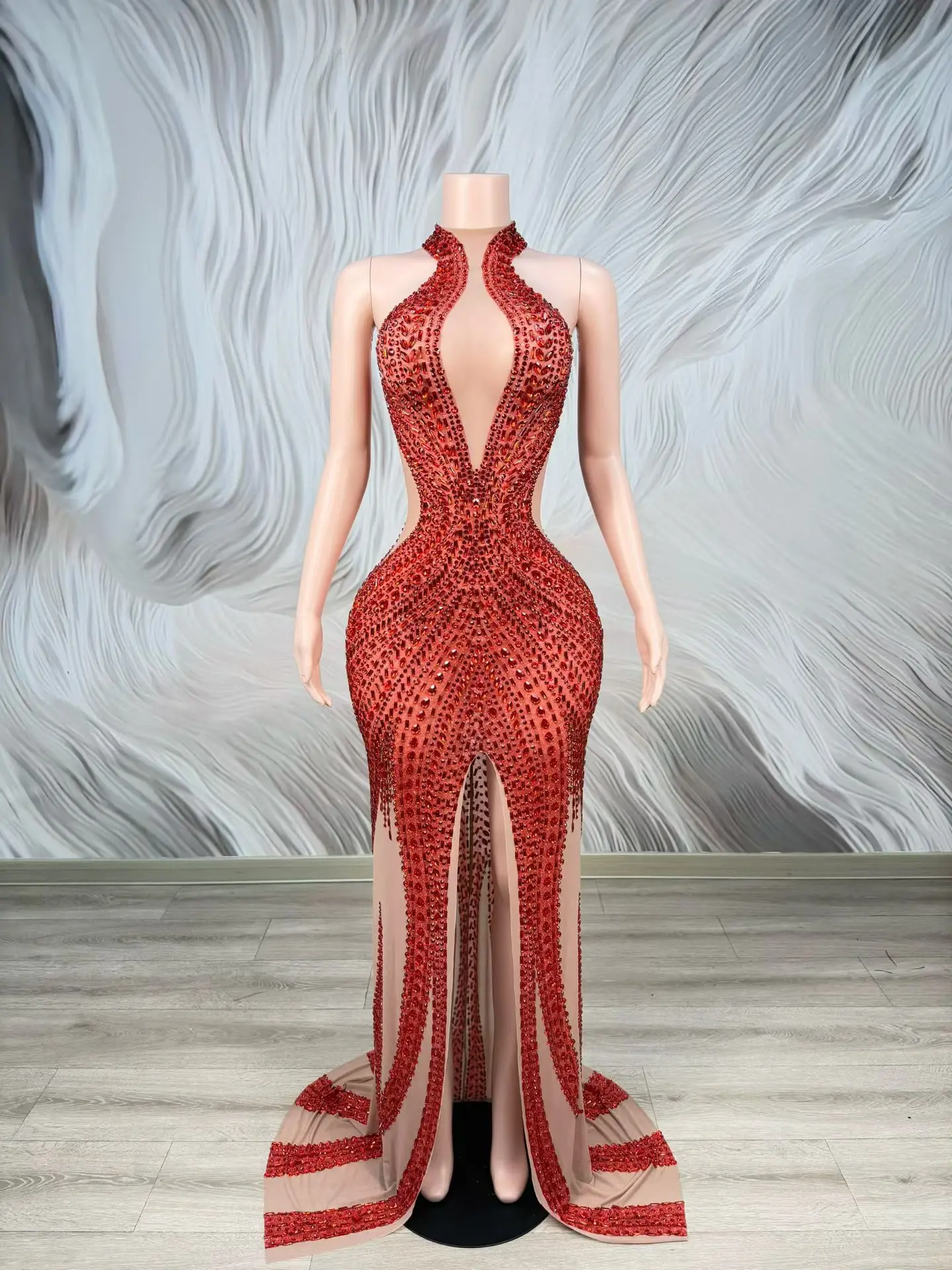 Chanjuan Luxury Red Rhinestone Nude Mesh Halter Neck Mermaid Dress with Slit Formal Evening Wedding Guest Gown
Chanjuan Luxury Red Rhinestone Nude Mesh Halter Neck Mermaid Dress with Slit Formal Evening Wedding Guest Gown