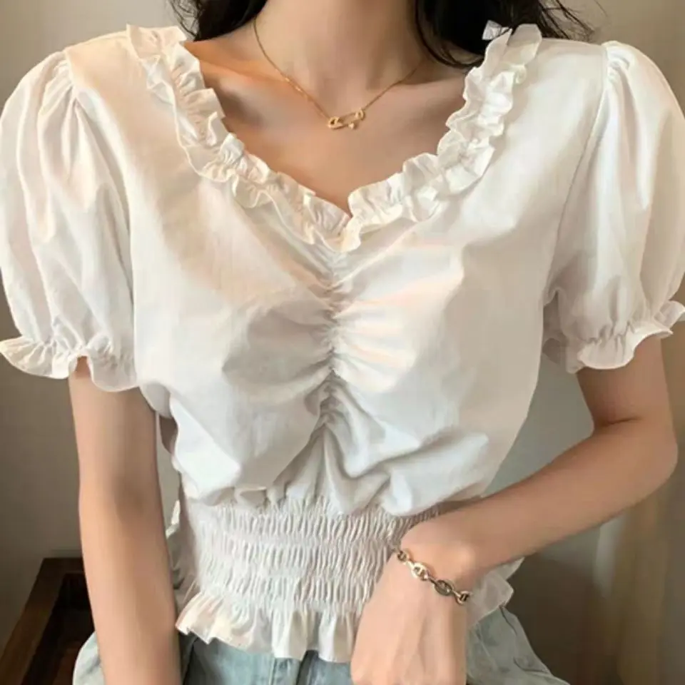 White Ruffle V Neck Puff Short Sleeve Blouse Women Front Ruched Smocked Waist Cropped Slim Fit Cute Top
White Ruffle V Neck Puff Short Sleeve Blouse Women Front Ruched Smocked Waist Cropped Slim Fit Cute Top