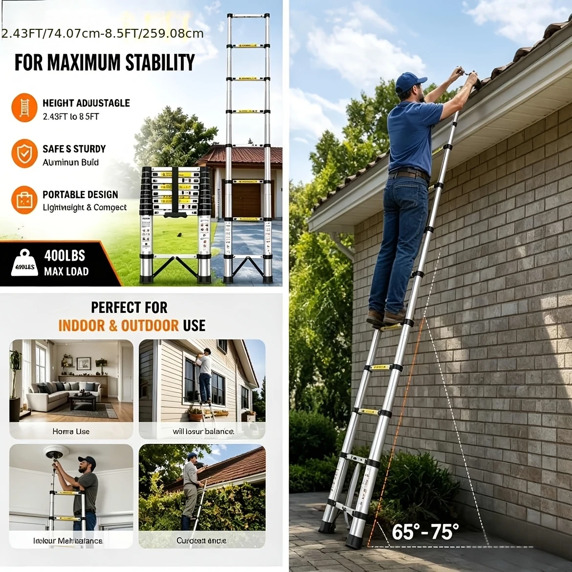 Heavy Duty Telescoping Ladder 400 Lbs Capacity, Anti-Slip Safety Lock, Portable Folding Ladder for RV, Attic, Roof And Home Use
Heavy Duty Telescoping Ladder 400 Lbs Capacity, Anti-Slip Safety Lock, Portable Folding Ladder for RV, Attic, Roof And Home Use
