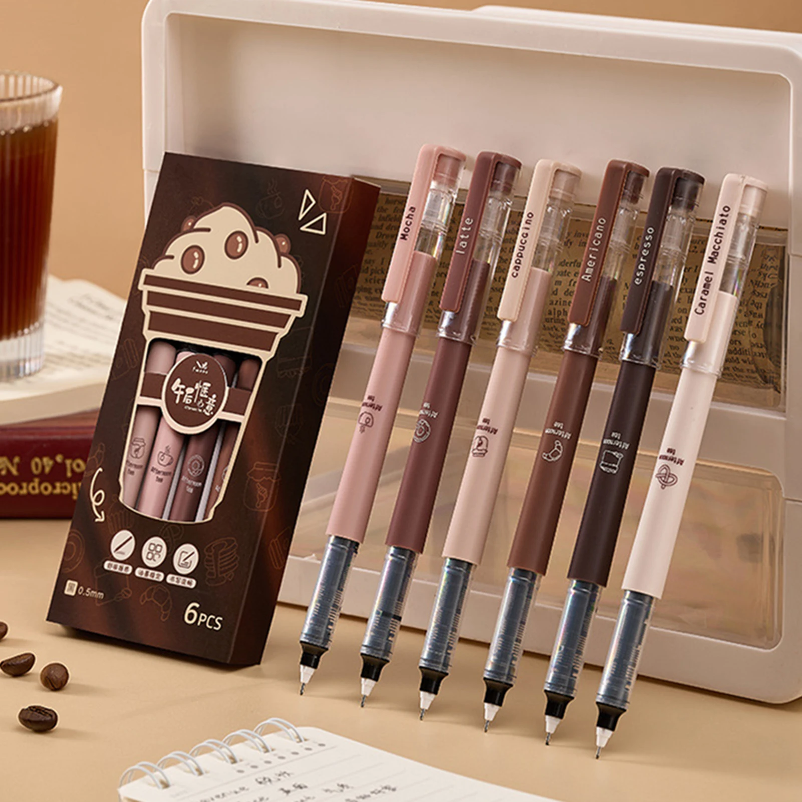 6 Piece Coffee Series Gel Pens 0.5mm Black Ink Quick-Dry Refills for Students Office School Writing Supplies Daily Journaling
6 Piece Coffee Series Gel Pens 0.5mm Black Ink Quick-Dry Refills for Students Office School Writing Supplies Daily Journaling