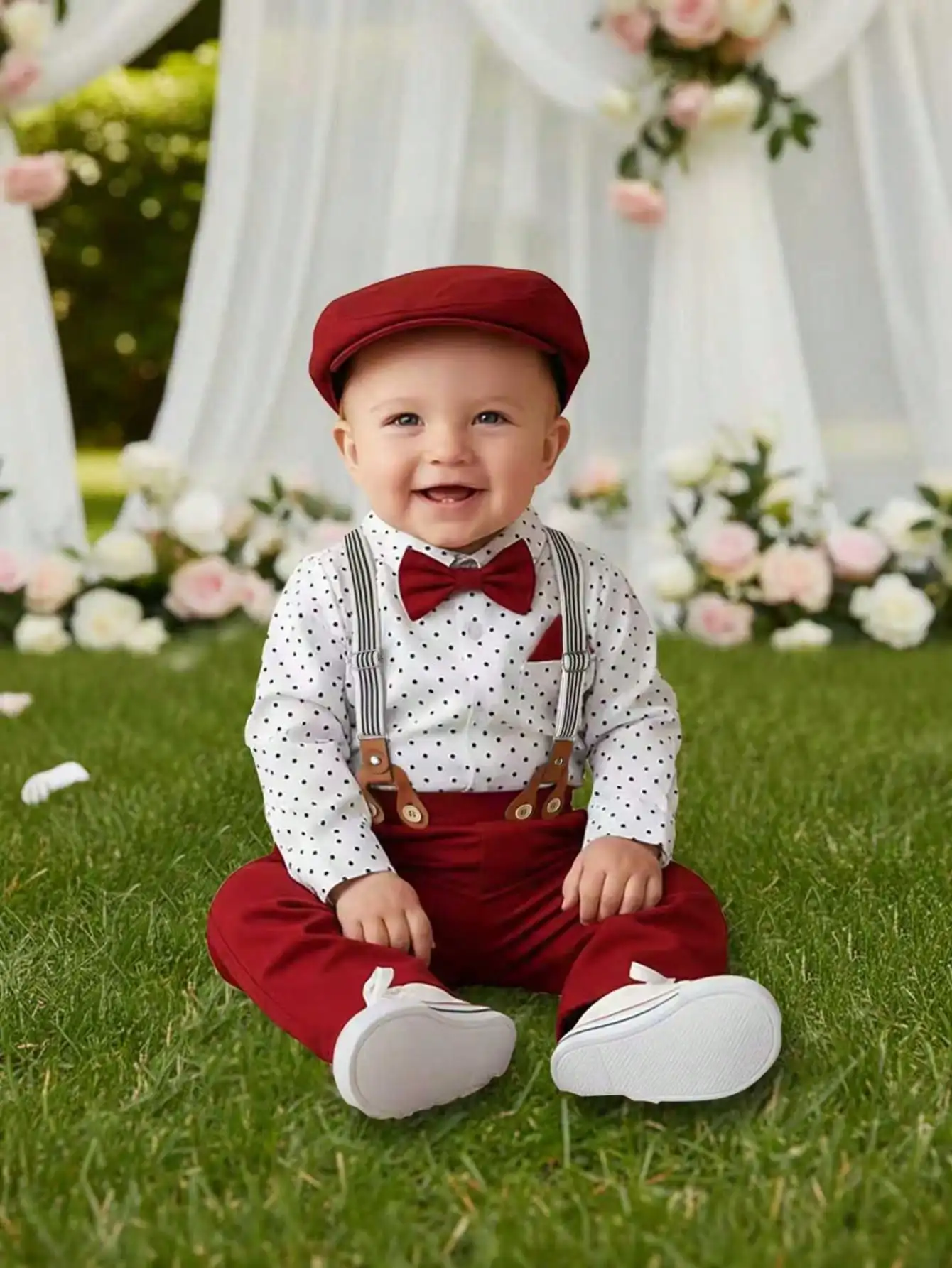 3-Piece Baby Boy Gentleman Set: Polka Dot Shirt, Bow Tie, Suspenders Pants & Cap for Special Occasions
3-Piece Baby Boy Gentleman Set: Polka Dot Shirt, Bow Tie, Suspenders Pants & Cap for Special Occasions