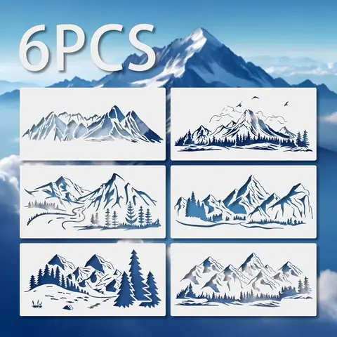 Pochoirs de paysage de montagne, 6 pièces, 15 × 30cm, modèles de peinture réutilisables pour bricolage, pour mur, bois, tissu, décoration en papier