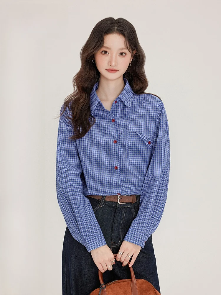 Синий клетчатый женский корейский повседневный свободный крой, дышащий длинный топ на пуговицах для ранней осени, модный
Синий клетчатый женский корейский повседневный свободный крой, дышащий длинный топ на пуговицах для ранней осени, модный
