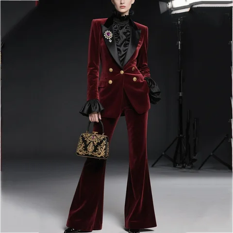 Vinho tinto feminino terno elegante veludo elegante roupa pico lapela blazer calças festa à noite baile de formatura roupas femininas duas peças