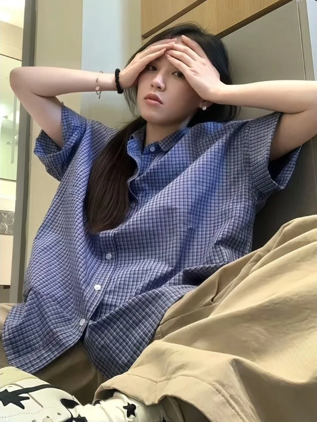 Blue Plaid Short Sleeve Casual Shirt Women's Loose Fit Summer New Style Turn-down Collar Top Button-down Shirt Patterned
Blue Plaid Short Sleeve Casual Shirt Women's Loose Fit Summer New Style Turn-down Collar Top Button-down Shirt Patterned