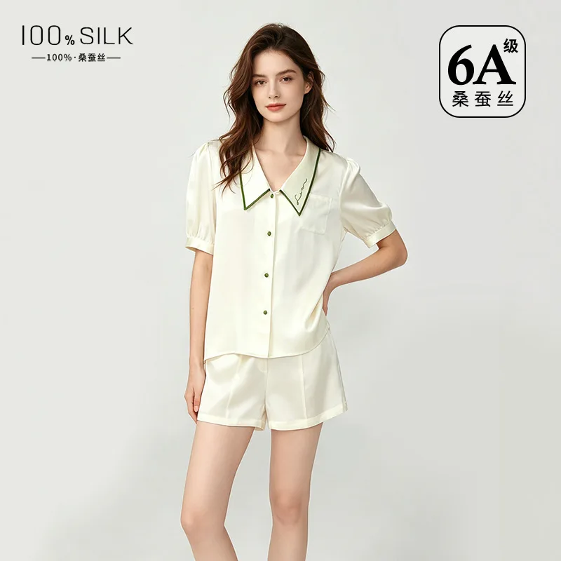 Women 100% Mulberry Silk Short Sleeve Pajama Set Doll Collar Summer Breathable Antibacterial Shorts Loungewear Home Sleepwear
Women 100% Mulberry Silk Short Sleeve Pajama Set Doll Collar Summer Breathable Antibacterial Shorts Loungewear Home Sleepwear