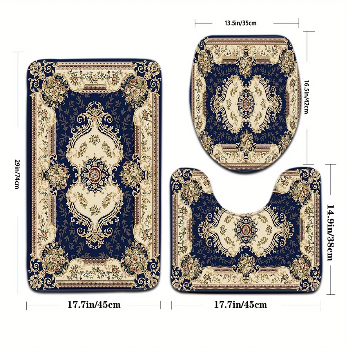 Luxury Ornate Damask Bath Mat Set Three Piece Bathroom Rugs Elegant Home Decor Vintage Victorian Navy Blue Gold Accent Towel
Luxury Ornate Damask Bath Mat Set Three Piece Bathroom Rugs Elegant Home Decor Vintage Victorian Navy Blue Gold Accent Towel
