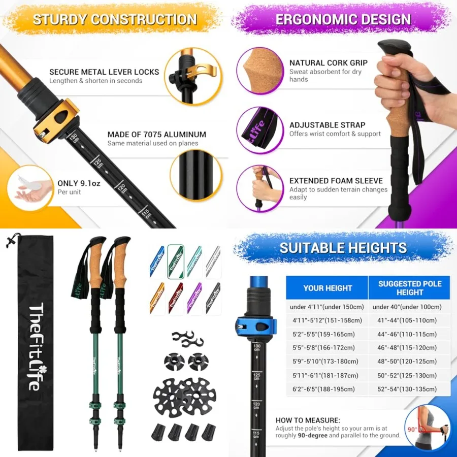 Trekking Poles - Lightweight 7075 Aluminum Hiking Sticks with Cork Grips, Adjustable Telescopic Design, Metal Flip Lock for Men
Trekking Poles - Lightweight 7075 Aluminum Hiking Sticks with Cork Grips, Adjustable Telescopic Design, Metal Flip Lock for Men