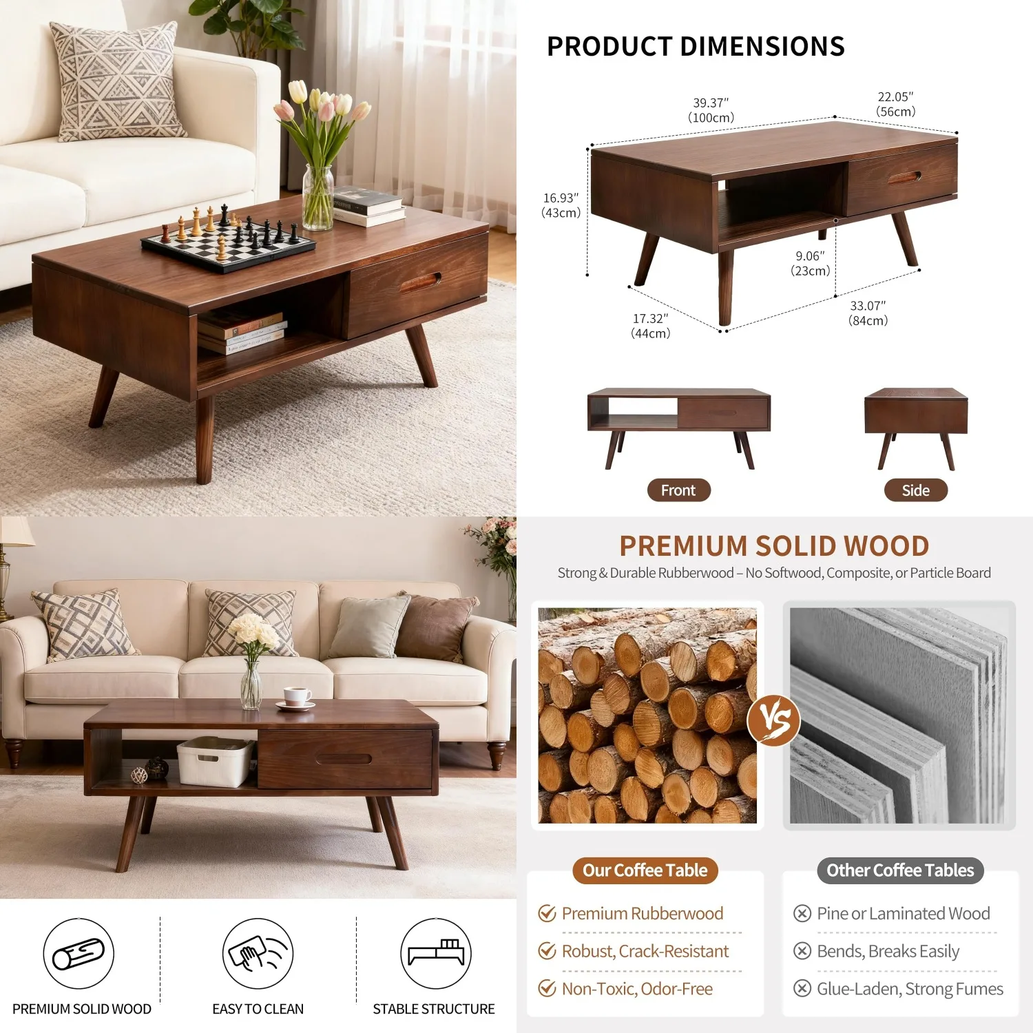 Solid Wood Coffee Table Mid-Century Modern 2 Drawers Open Shelf Living Room Office 39.37in Fully Assembled Customized
Solid Wood Coffee Table Mid-Century Modern 2 Drawers Open Shelf Living Room Office 39.37in Fully Assembled Customized