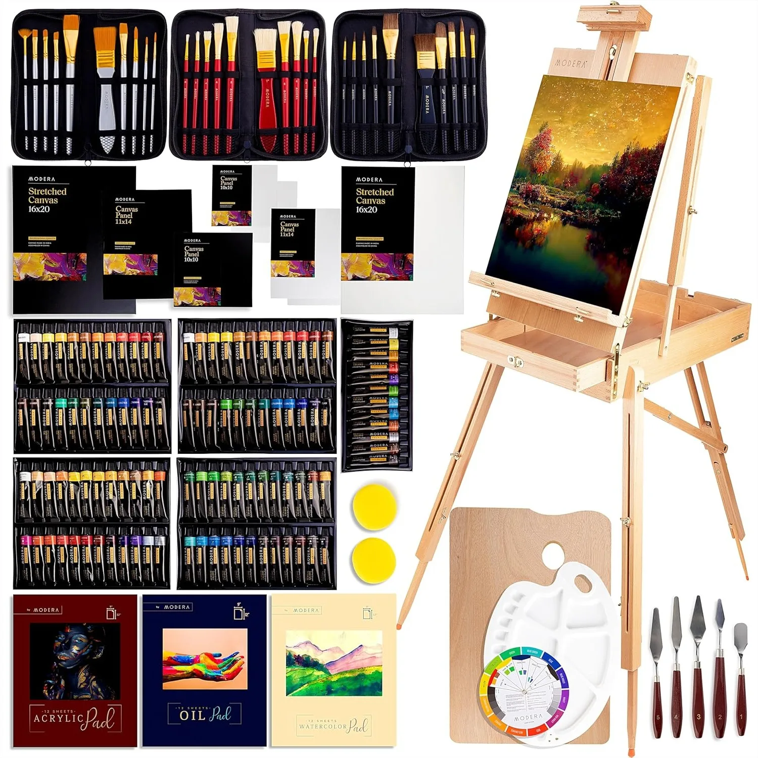 163-Piece French Easel Painting Set for Adults with Wooden Sketch Box, 100+ Paints, Canvases, Brushes, Palettes
163-Piece French Easel Painting Set for Adults with Wooden Sketch Box, 100+ Paints, Canvases, Brushes, Palettes