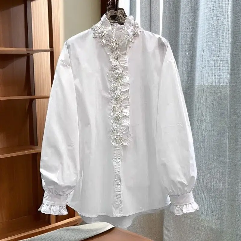 2025 French Style Blouse Lace Trim Flounce Collar Long Sleeve Shirt White Chic Top for Women Flowers Appliques Tops Design
2025 French Style Blouse Lace Trim Flounce Collar Long Sleeve Shirt White Chic Top for Women Flowers Appliques Tops Design