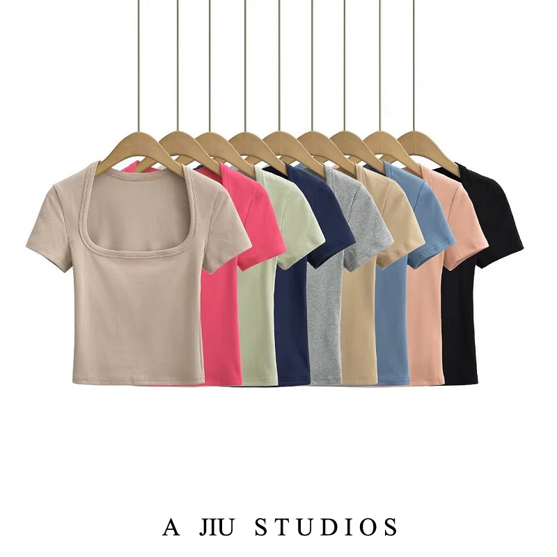 Slim Fit ort Sve T-irt Women Summer Pure Color Versatile Square Collar ort Length Belly Baring Top Hot Girl Sle
Slim Fit ort Sve T-irt Women Summer Pure Color Versatile Square Collar ort Length Belly Baring Top Hot Girl Sle