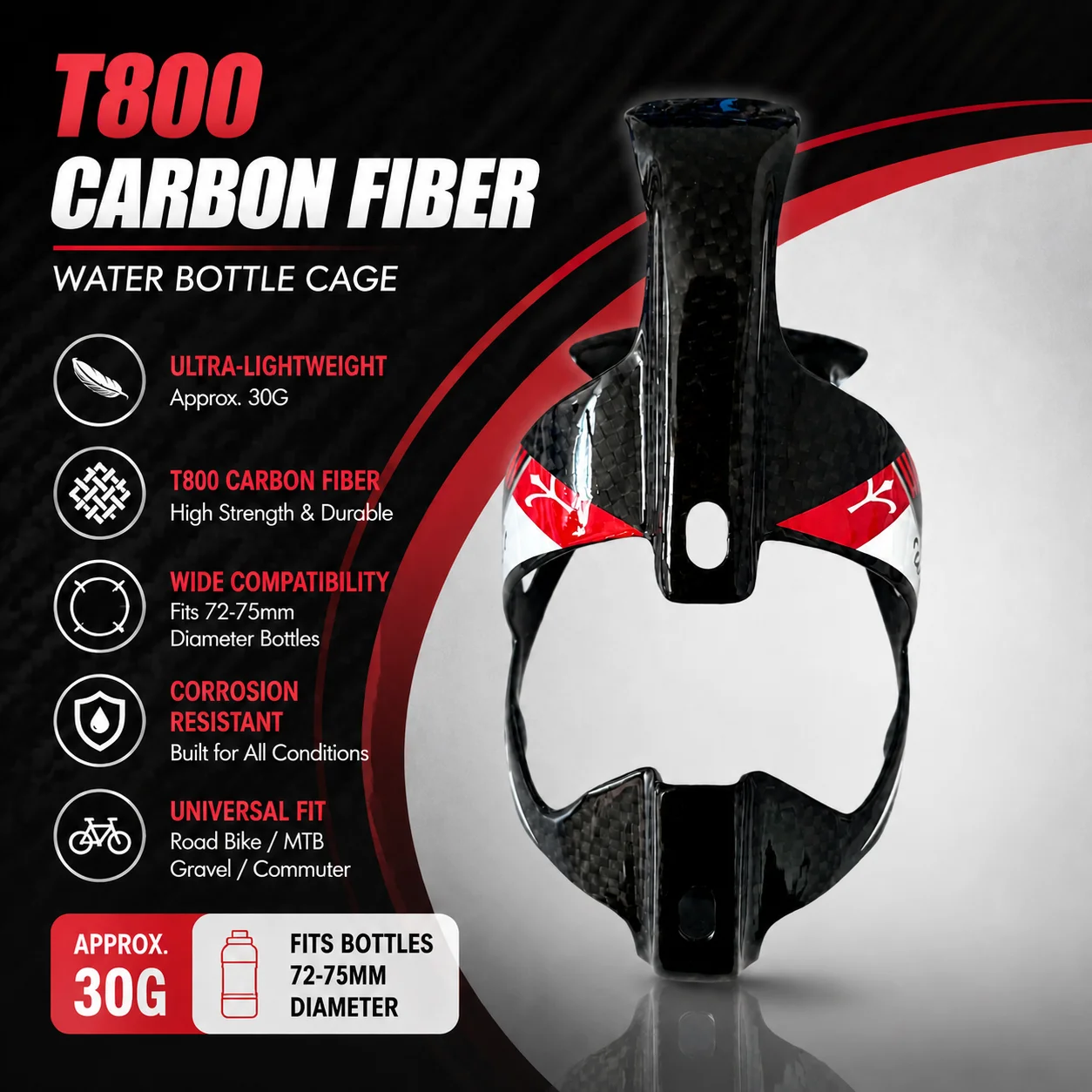 30g Carbon Fiber Bike Water Bottle Cage Holder for Road Mountain Bikes Universal Water Bottle Holder fit 72 to 72mm bottle
30g Carbon Fiber Bike Water Bottle Cage Holder for Road Mountain Bikes Universal Water Bottle Holder fit 72 to 72mm bottle