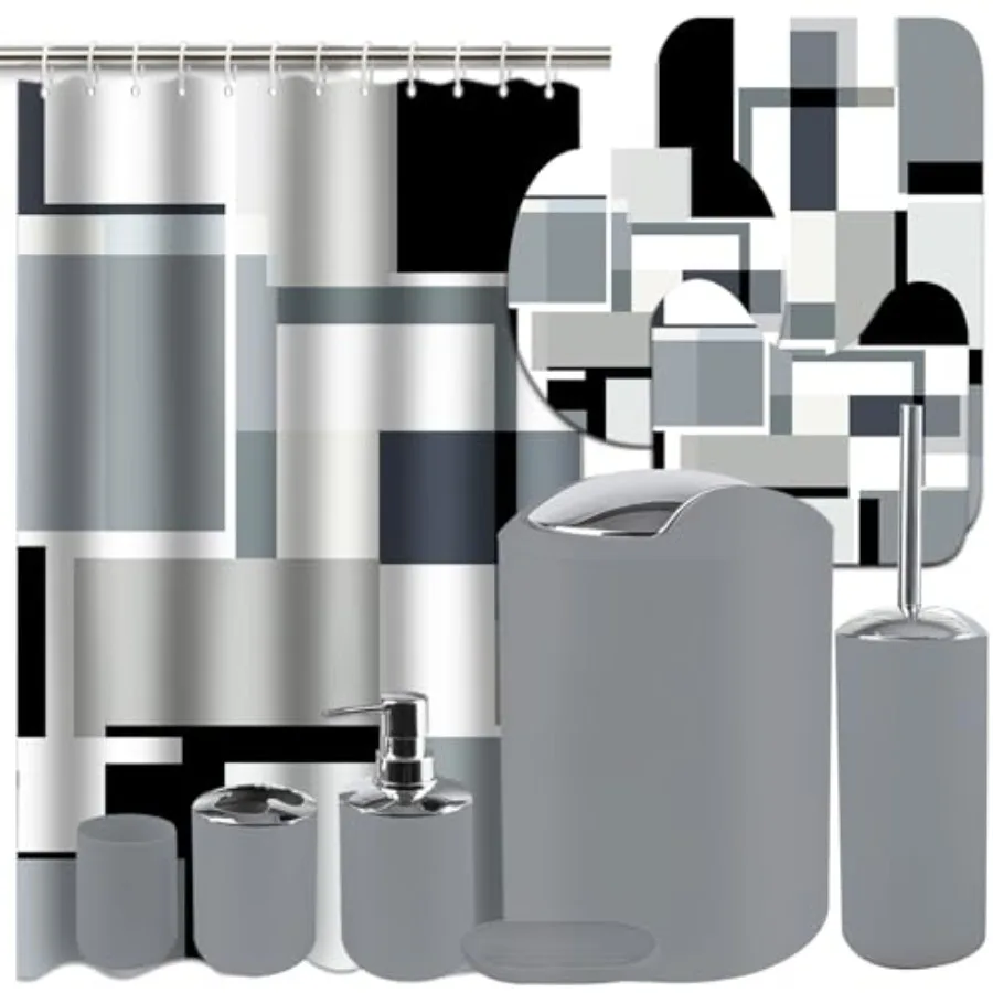 Grey Black Bathroom Set, 22-Piece Grey Black Geometry Bathroom Decor Set with with Shower Curtain and Rugs, Trash Can, Toilet B
Grey Black Bathroom Set, 22-Piece Grey Black Geometry Bathroom Decor Set with with Shower Curtain and Rugs, Trash Can, Toilet B