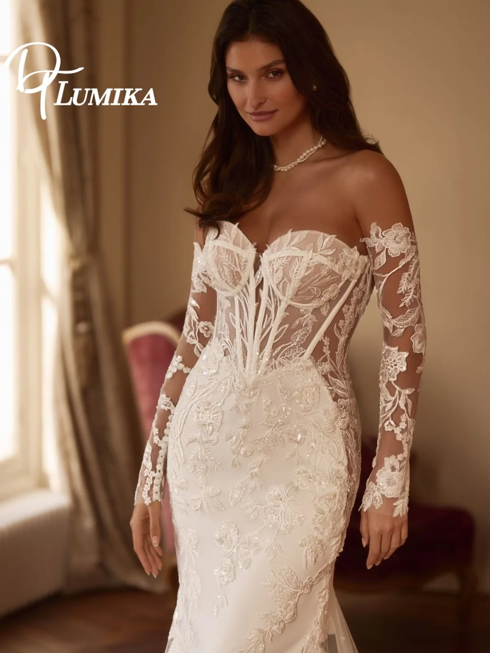 Romantic Off-the-shoulder Wedding Dress, Charming Applique Lace Bridal Gown, Graceful Mermaid Floor-Length Wedding Gown
Romantic Off-the-shoulder Wedding Dress, Charming Applique Lace Bridal Gown, Graceful Mermaid Floor-Length Wedding Gown