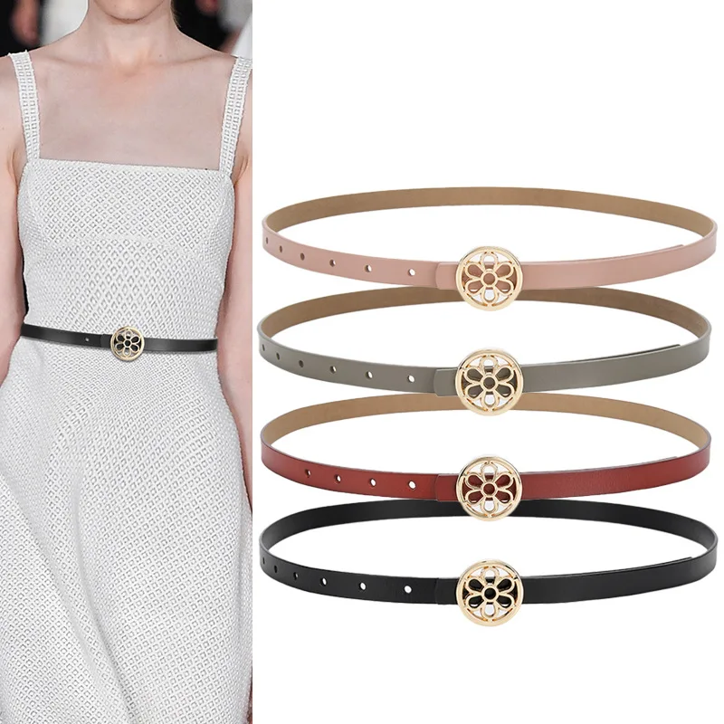 Fashionable and versatile decorative genuine leather 1.5cm thin belt for women ins style suit belt with round flower buckle 
Fashionable and versatile decorative genuine leather 1.5cm thin belt for women ins style suit belt with round flower buckle