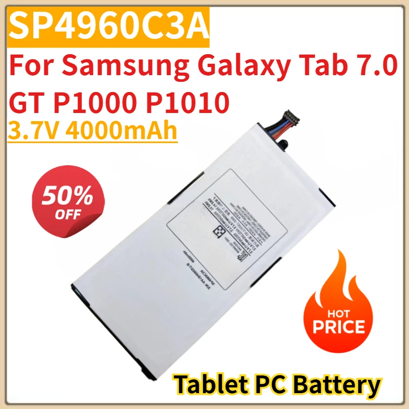 Tablet PC Battery 3.7V 4000mAh SP4960C3A For Samsung Galaxy Tab 7.0 GT P1000 P1010 Replacement Battery Brand-New High Quality 
Tablet PC Battery 3.7V 4000mAh SP4960C3A For Samsung Galaxy Tab 7.0 GT P1000 P1010 Replacement Battery Brand-New High Quality