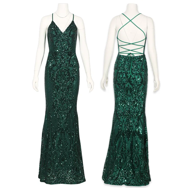 New Popular European and American Strap Backless Sequins Dress Long Dress
New Popular European and American Strap Backless Sequins Dress Long Dress