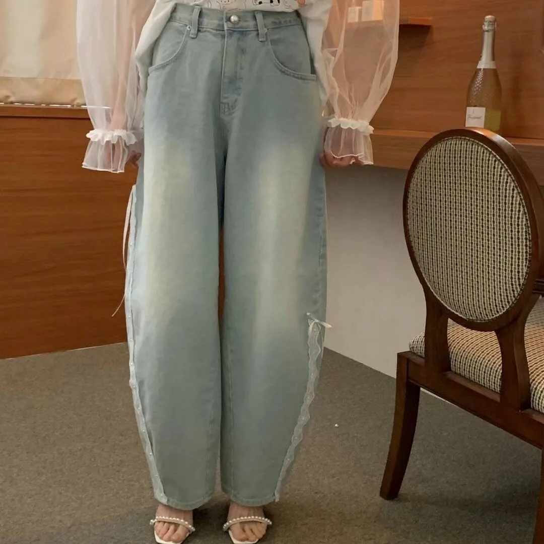 Spring New Style Lace Knot Denim Jeans Women's Korean Style Casual Straight Leg Trousers for School And Work
Spring New Style Lace Knot Denim Jeans Women's Korean Style Casual Straight Leg Trousers for School And Work