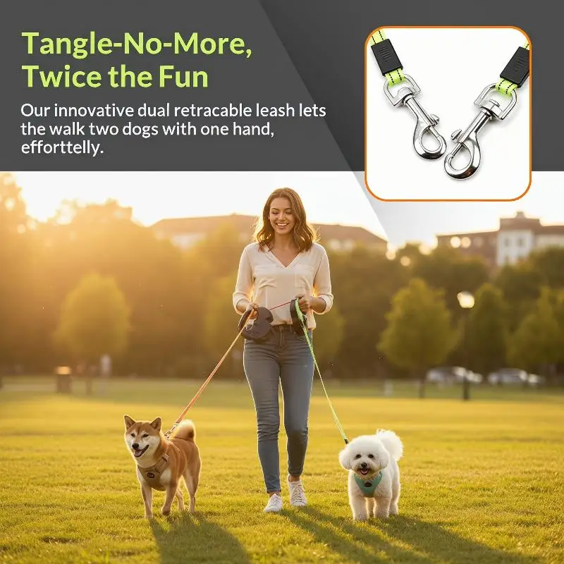 360 Degree Double-Ended Dog Leash with Auto Retractable Function for Active Pets
360 Degree Double-Ended Dog Leash with Auto Retractable Function for Active Pets