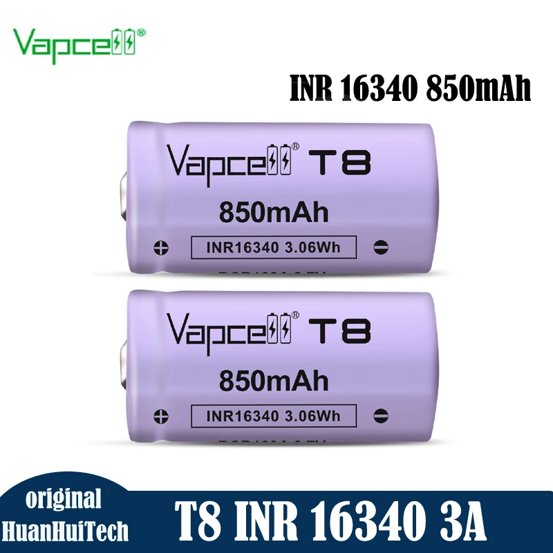 Original Vapcell T8 INR 16340 850mAh Max 3A 3.7V Battery high performance Button Top Li-ion battery for Flashlight
Original Vapcell T8 INR 16340 850mAh Max 3A 3.7V Battery high performance Button Top Li-ion battery for Flashlight