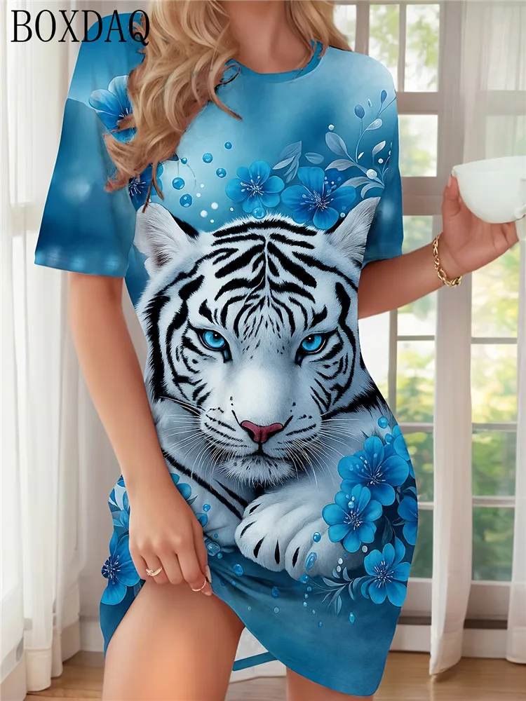 Summer Women's Dresses Casual Short Sleeve Round Neck Tiger Pattern Printed Loose Dress
Summer Women's Dresses Casual Short Sleeve Round Neck Tiger Pattern Printed Loose Dress