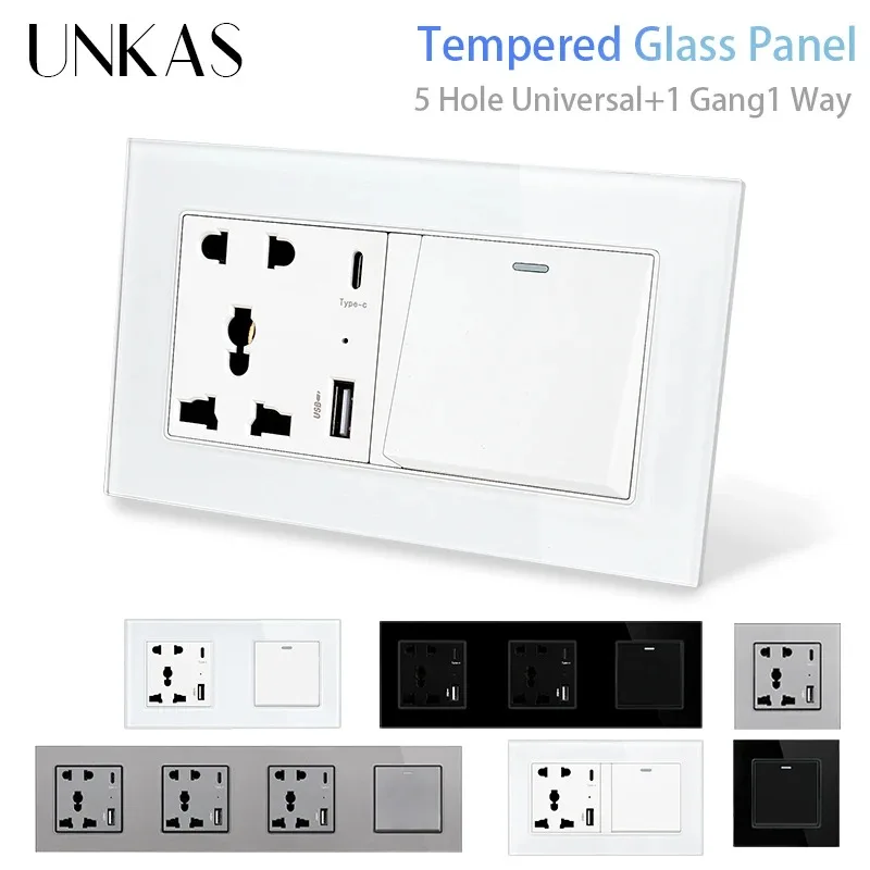 UNKAS Type C Wall USB Port 5 Hole Universal Standard 1 Gang 1 Way on / Off Push Button Tempered Panel 16A Power Socket Outlet
UNKAS Type C Wall USB Port 5 Hole Universal Standard 1 Gang 1 Way on / Off Push Button Tempered Panel 16A Power Socket Outlet