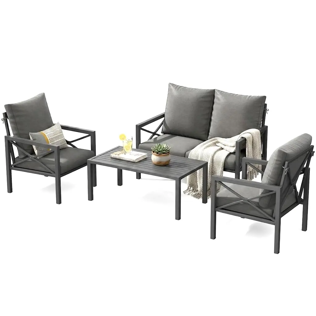 4 Piece Outdoor Patio Furniture Sets, Heavy Duty Metal Conversation Set with Thick Cushions, All-Weather Outside, Customized
4 Piece Outdoor Patio Furniture Sets, Heavy Duty Metal Conversation Set with Thick Cushions, All-Weather Outside, Customized
