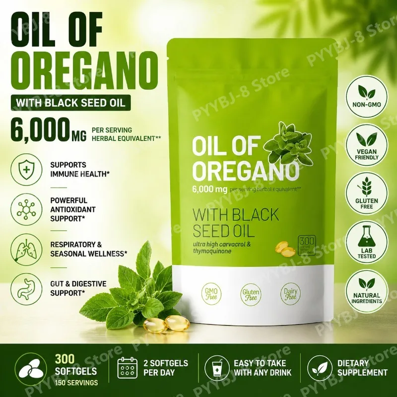 2-in-1 Softgels, 6000mg Oil of Oregano + 200mg Black Seed Oil — Promote Digestive and Antioxidant Wellness Support 300 Count
2-in-1 Softgels, 6000mg Oil of Oregano + 200mg Black Seed Oil — Promote Digestive and Antioxidant Wellness Support 300 Count