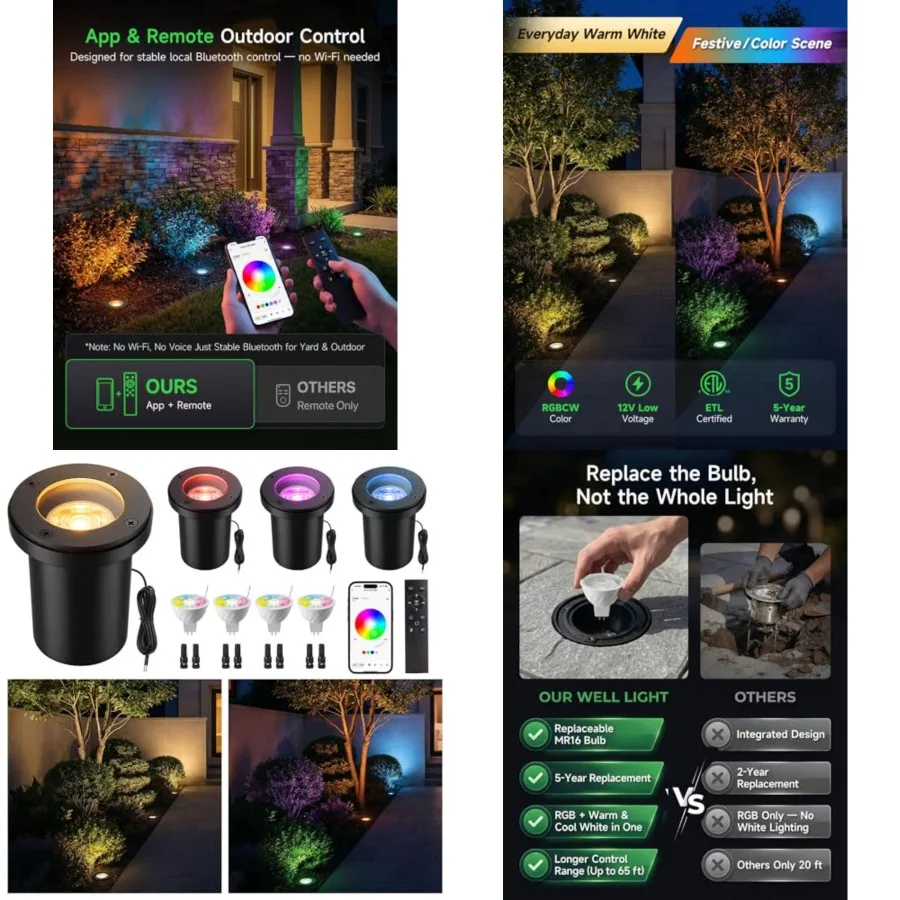 Smart 12V Low Voltage Landscape Lighting for Pathway, Outdoor RGBCW In-Ground Well Lights, App and Remote Control, Replaceable
Smart 12V Low Voltage Landscape Lighting for Pathway, Outdoor RGBCW In-Ground Well Lights, App and Remote Control, Replaceable